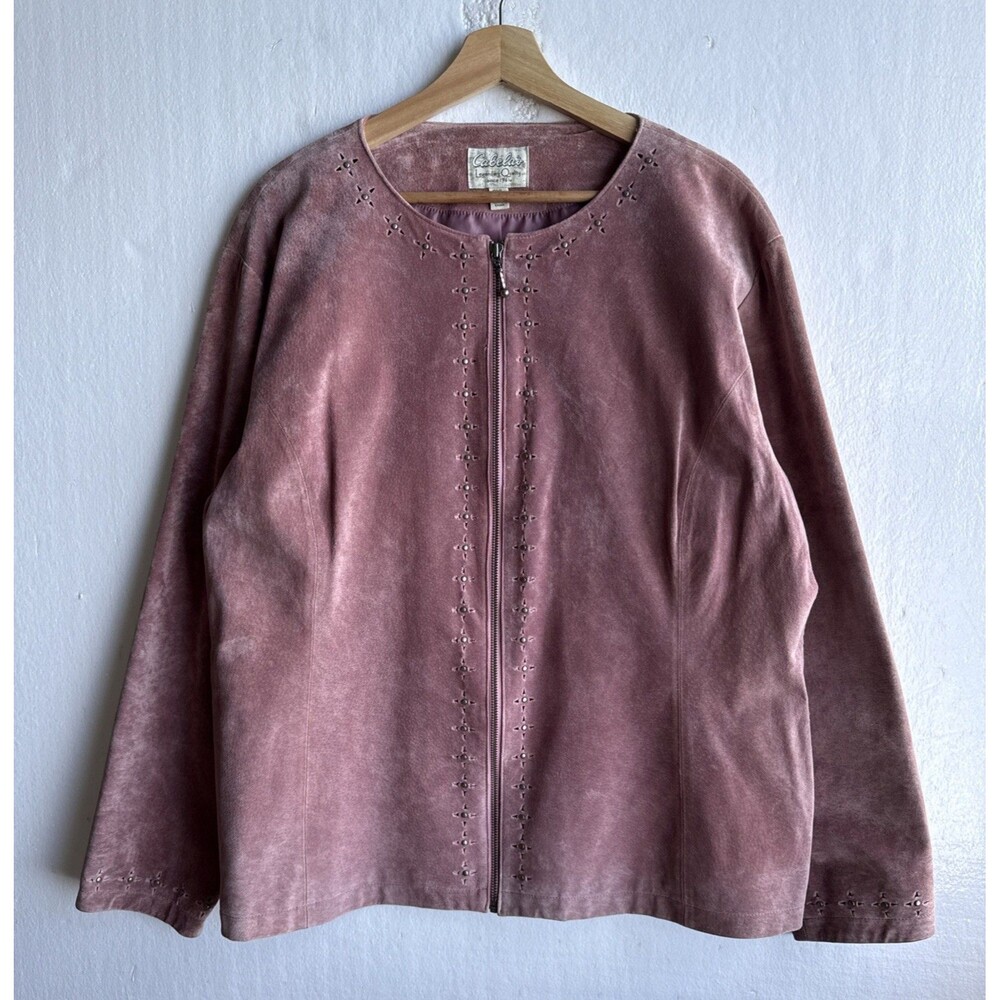 90’s Vintage Cabela’s Women’s 2XL Pink Leather Suede Full Zip Jacket Boho Retro
